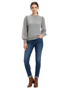 Indigo Rose Women's Gray Sheer Puff Sleeve Ruffled Knit Sweater Size Medium